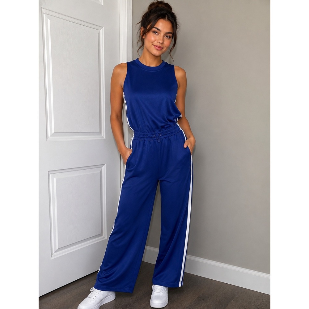 Adidas Women's Cropped Leg Snap Pant Blue Romper Jumpsuit Size Small Y2K Sporty